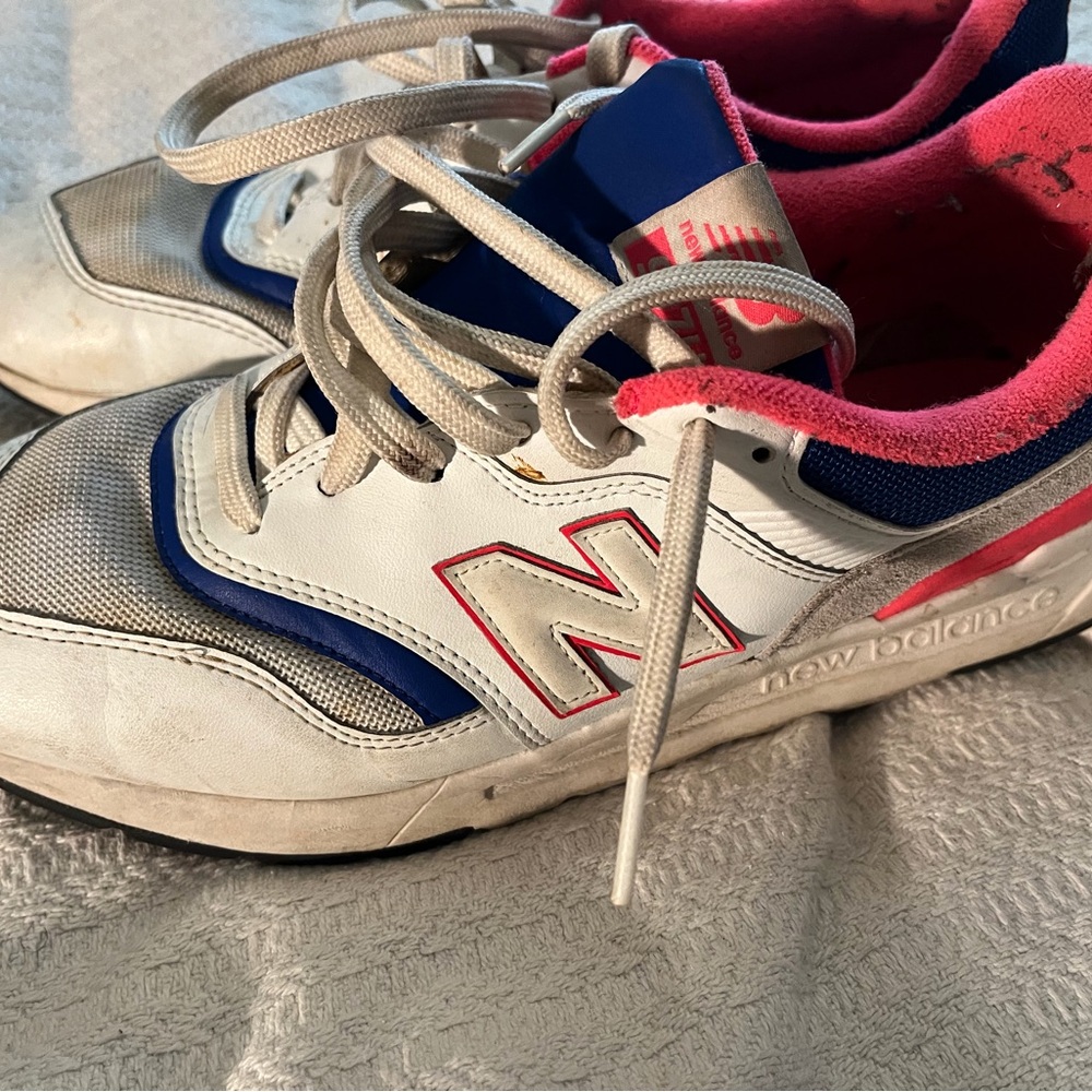 New Balance White & Blue Sneakers with Pink Accents